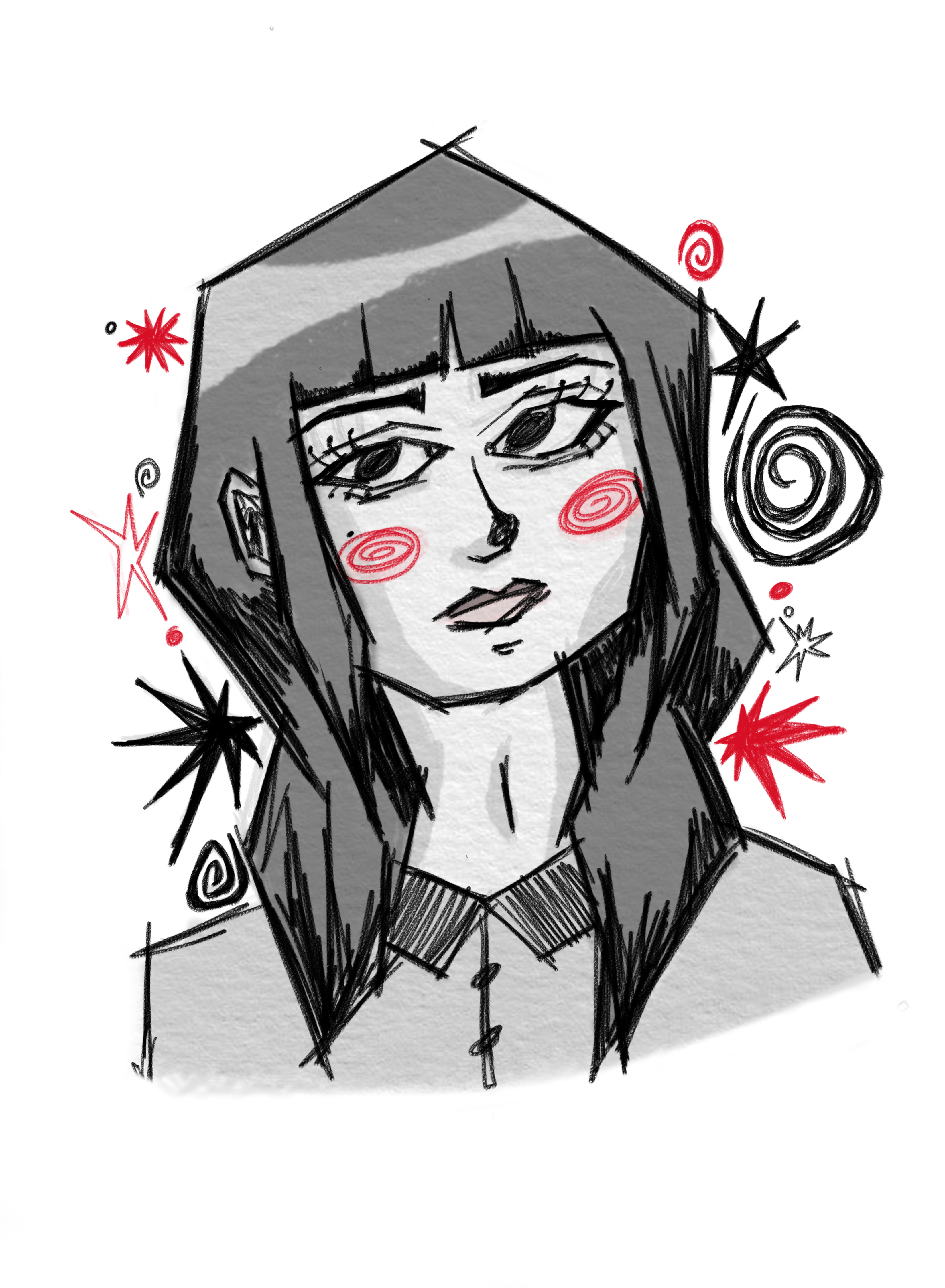 Illustrated self-portrait of Leila, hand-drawn in ink with red spiral and star accents